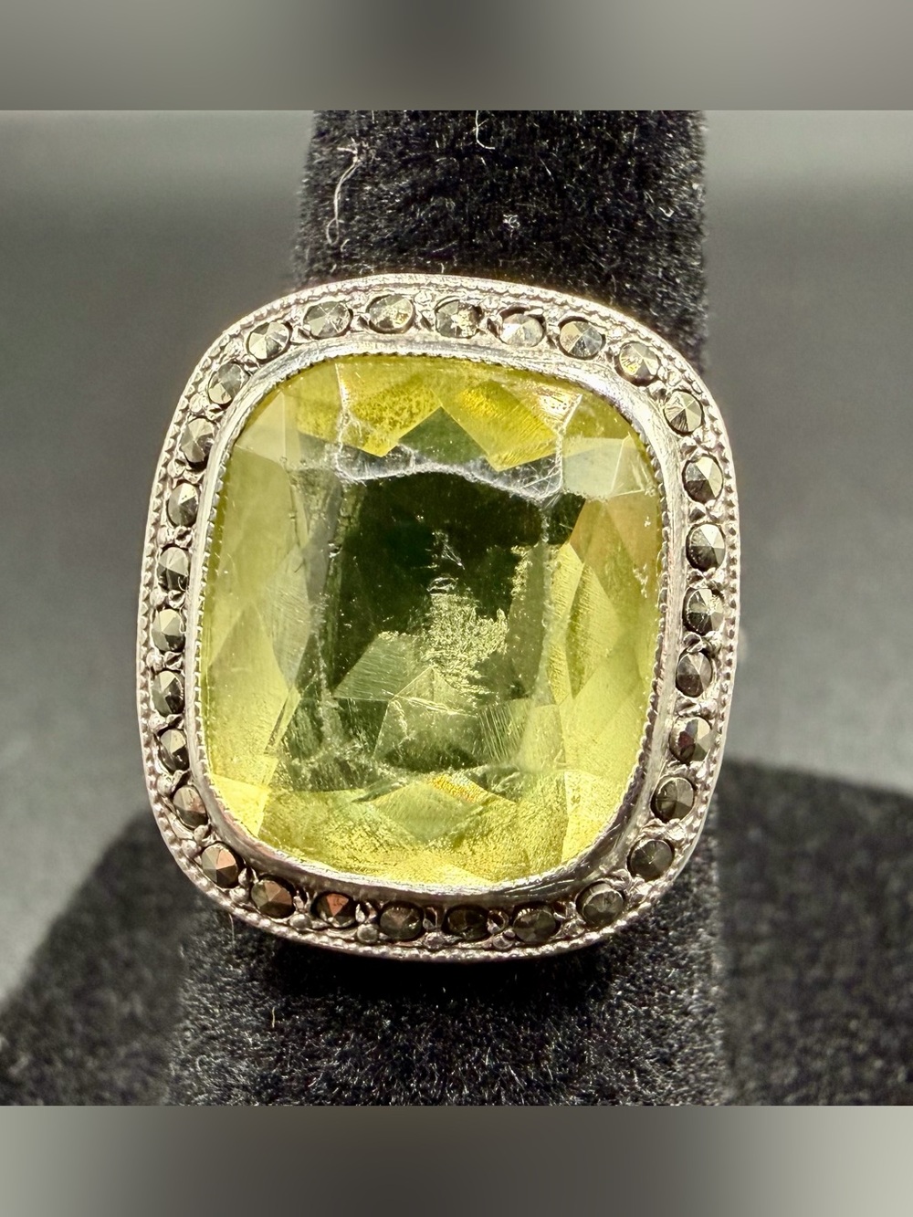 Vintage Sterling Silver Green Glass Marcasite Statement Ring Art Deco Sz 6.5